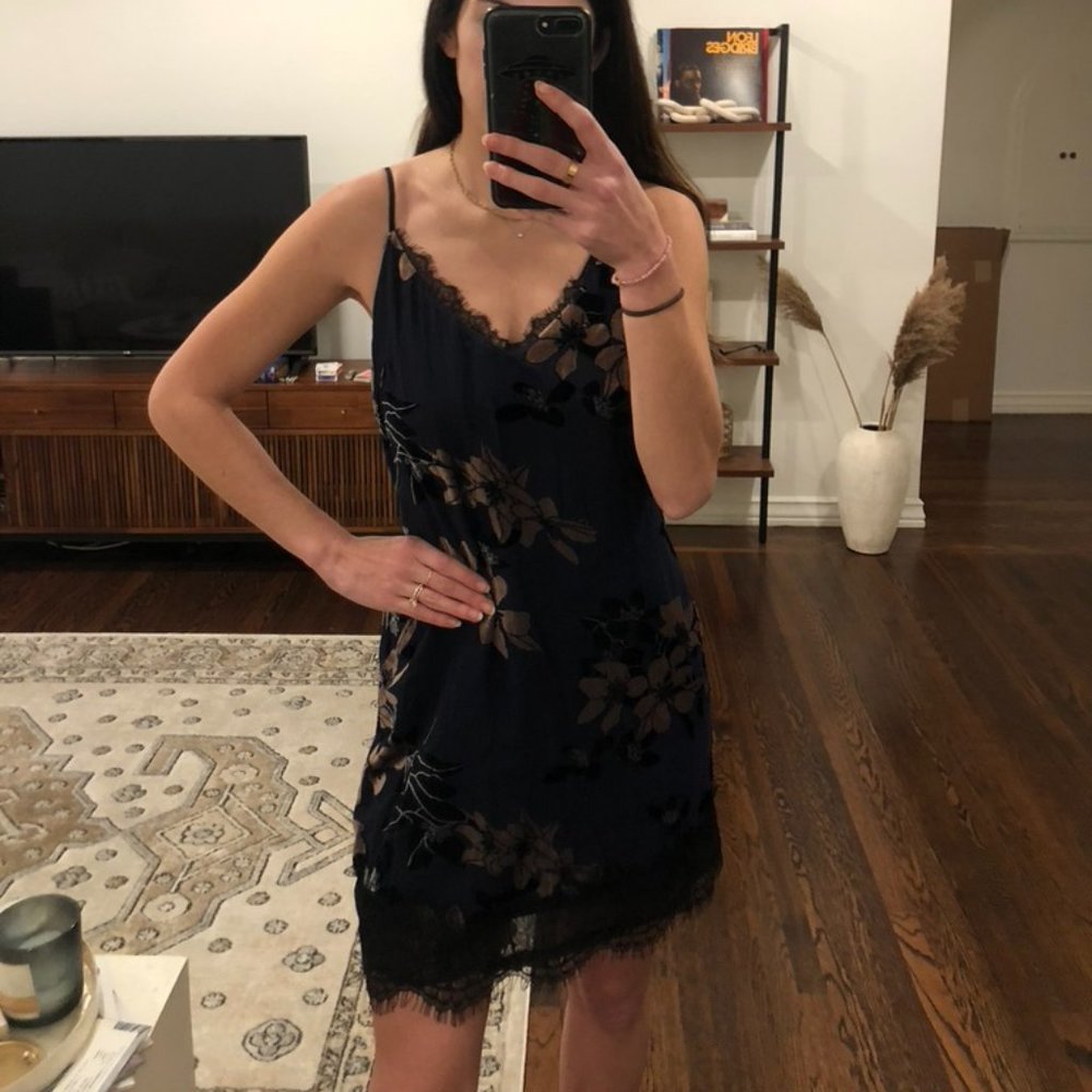 Navy + black dress with lace and velvet detail